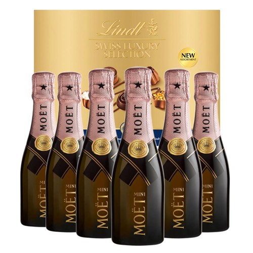 Mini Moet And Chandon Rose Champagne 20cl Case of 6 with Lindt Swiss Tradition Chocolates 193g